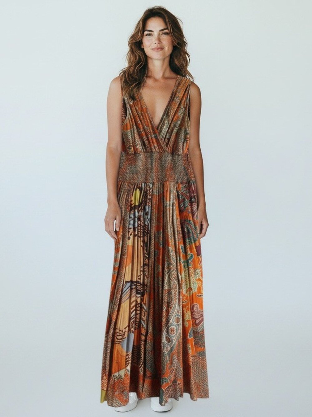 Orange Paisley Boho Surplice Smocked Waist Maxi Dress